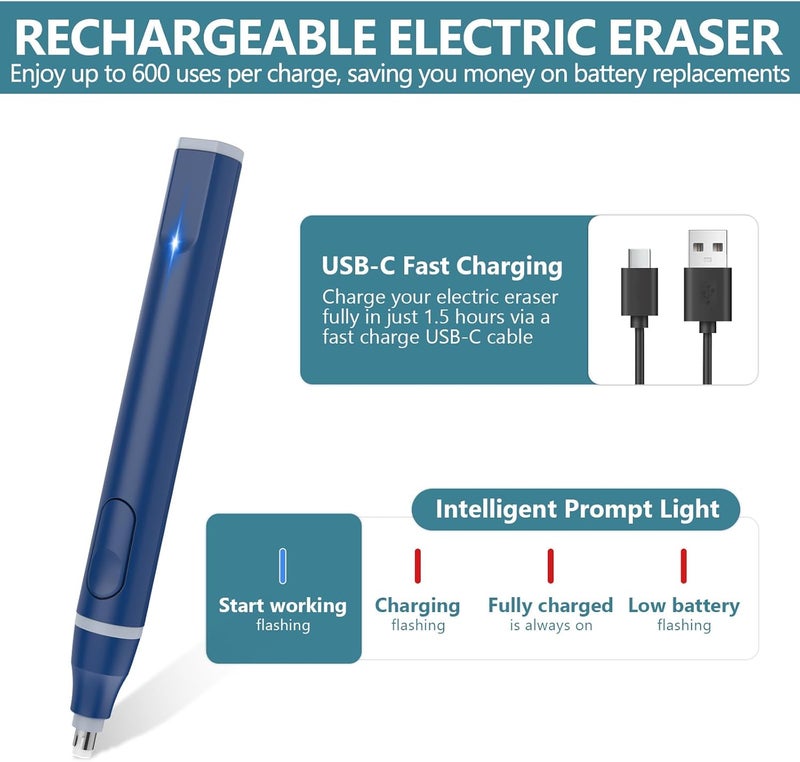 Foyucool Electric Eraser, USB C Rechargeable Pencil Eraser with 220 Eraser Refills, 2 Eraser Sizes, Comfort Grip Art Eraser for Drawing, Ideal for Artists, Students, Sketch, Engineers, Blue - Image 2